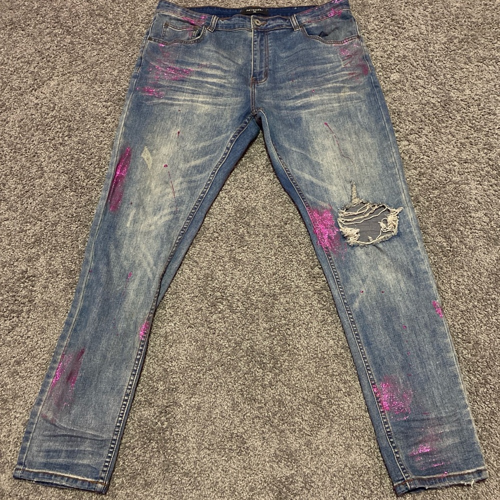 Men's Slim Straight Jeans - Distressed Blue with Pink Accents